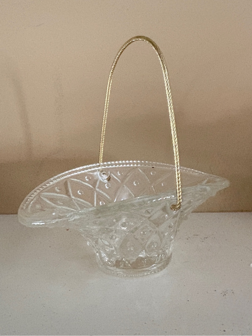 Vintage Avon Clear Glass Basket Diamond Pattern and a Rope-Style Metal Handle